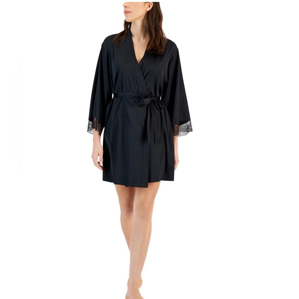 I.N.S International Concepts Women's Lace-Trim Stretch Satin Robe, Deep Black XS
